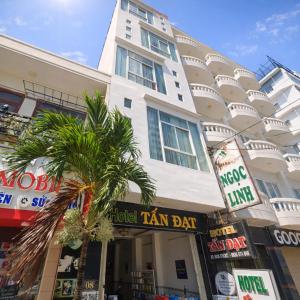 归仁Tấn Đạt Hotel Quy Nhơn的一座高大的建筑,前面有一棵棕榈树