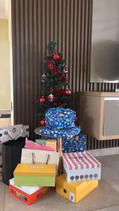 un albero di Natale con regali sotto accanto a un albero di Natale di Sun city a Pinetown