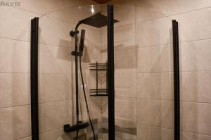 eine Dusche in einem Badezimmer mit einer Glastür in der Unterkunft Laeva apartment in Lihula