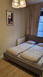 a bed in a bedroom with a window at Apartament Skarbowa 2 in Leszno
