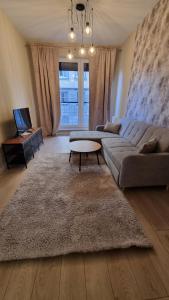 a living room with a couch and a table at Apartament Skarbowa 2 in Leszno
