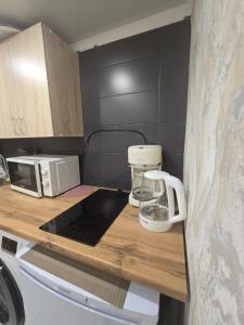 a kitchen with a counter top with a microwave at BURABAY Promenade Solo in Borovoye +27 photos