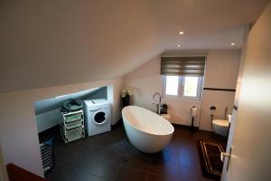 a bathroom with a tub and a washing machine at Business Apartments Höfle in Heppenheim an der Bergstrasse +44 photos