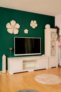 ein Wohnzimmer mit einem Fernseher an einer grünen Wand in der Unterkunft Aurora 1 in Wiesmoor