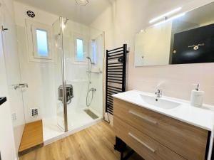 een badkamer met douche, wastafel en spiegel bij Maison partagée Bonneville in Bonneville