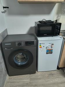 een magnetron bovenop een wasmachine bij Home MARIA in Orşova