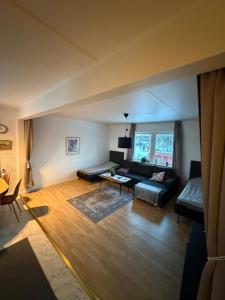 a living room with a couch and a table at Aurora Apartment 7 in Kiruna