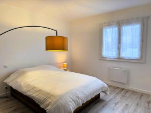 een slaapkamer met een bed met een lamp en een raam bij Maison partagée Bonneville in Bonneville