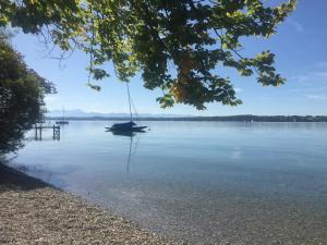 a sail boat on a lake with a dock at Blueberry Living - Design-Apartments am Starnberger See, Natur & Erholung, Privatparkplatz, nur 400 m zum See in Tutzing