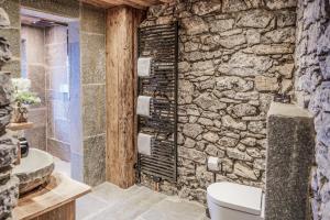 een stenen badkamer met een toilet en een wastafel bij Chalet Bauernhaus 1864 in Elbigenalp