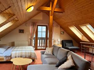 een woonkamer met een bank en een bed bij Chalet Hřebenka in Harrachov +101 foto's
