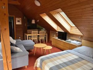 een slaapkamer met een bed, een bank en een tafel bij Chalet Hřebenka in Harrachov