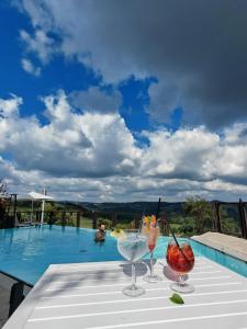 a table with drinks on it next to a swimming pool at Antica Corte Casa Marini in Polinago