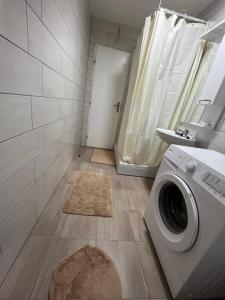 een wasmachine in een badkamer met een wastafel bij Apartman Mila Prnjavor in Prnjavor
