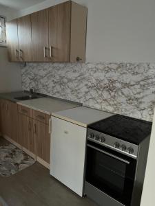 een keuken met een fornuis en een aanrechtblad bij Apartman Mila Prnjavor in Prnjavor