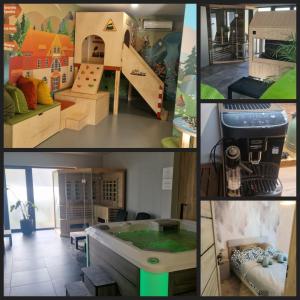 een collage van foto's van een kamer met speeltoestellen bij Słoneczna Dolina SPA Belle View in Szklarska Poręba