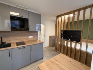 een keuken met een spoelbak en een aanrechtblad bij Schmidteinander in Norderney