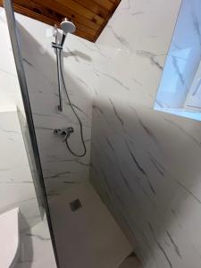 a shower in a bathroom with white marble walls at Apartmani Vidović Viganj in Viganj
