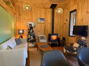 een woonkamer met een bank en een kerstboom bij La cabane d' Esting in Mimizan