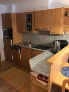 a kitchen with wooden cabinets and a counter top at Sonnenalpe ckpk in Hermagor +8 photos