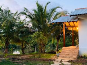a house with a wooden pathway leading to a house with palm trees at water lily heaven in Tangalle