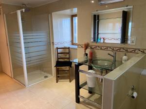 a bathroom with a glass sink and a shower at La petite Chalvignacoise in Chalvignac