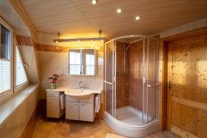 a bathroom with a sink and a shower at Märchenhafte Ferienhäuser in Zaulsdorf +38 photos
