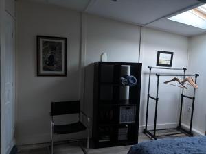 a bedroom with a bed and a tv and a chair at Le phœnix in Linars