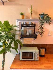 un forno a microonde seduto sopra un tavolo di Urban Capsule a Dresda