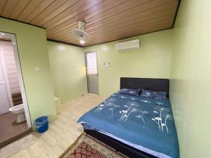 a bedroom with a bed in a green wall at Umishah Cabin Jitra in Jitra