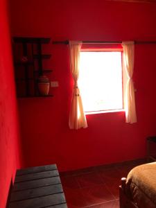 a bedroom with red walls and a window with curtains at Casa privada en Maimara in Maimará