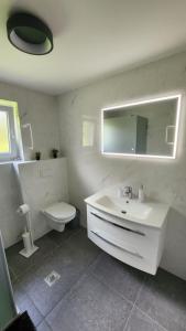 a bathroom with a sink and a toilet and a mirror at Apartments Žugec in Seliste Dreznicko +25 photos