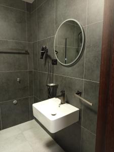 een badkamer met een witte wastafel en een spiegel bij Harmonija studio & apartments in Novi Sad