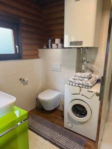 ein Badezimmer mit Waschmaschine und Toilette in der Unterkunft Ferienhaus Parschlug in Parschlug
