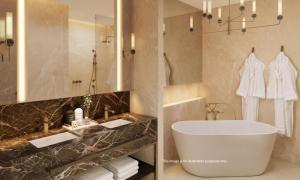 een badkamer met een bad, een wastafel en een spiegel bij Aminess Younique Korcula Heritage Hotel in Korčula
