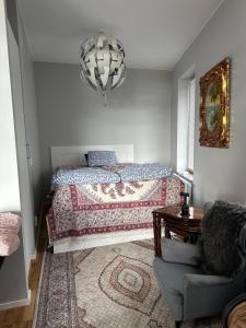 a bedroom with a bed and a table and a chair at Amir in Järfälla