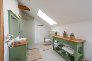 a bathroom with a green sink and a toilet at Pensiune Old Barn House in Vàrhegy +43 photos