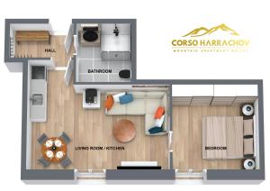 a plan of a room with a floor plan at Mountain Apartment No 209-CORSO Harrachov, High Speed WI-FI, Ambilight smart TV, Netflix, YouTube, FREE parking, PRIVATE ski storage, "Ski-in Ski-out", HARRACHOVCARD in Harrachov
