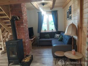 a living room with a couch and a wood stove at Dom nad jeziorem Serwy in Serwy