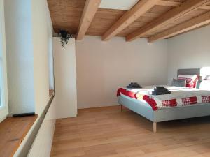 a bedroom with a bed and a wooden floor at Frutigen 20 nach Interlaken in Frutigen