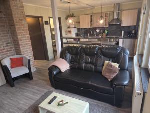 a living room with a leather couch and a kitchen at Ferienwohnung Salza in Nordhausen