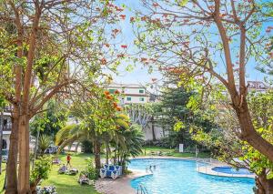 a large swimming pool in a park with trees at Coral Teide Mar in Puerto de la Cruz