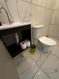 een witte badkamer met een wastafel en een toilet bij Pousada Utopia in Aparecida