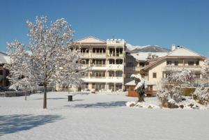 a large building in the snow with a tree at Hotel Reipertingerhof in Brunico