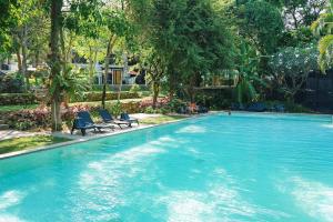 a large swimming pool with blue chairs and trees at Tiny home Pana B Private residence 10mins beach in Bophut