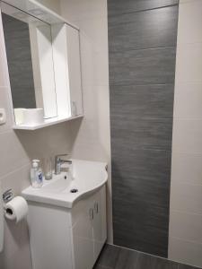 a white bathroom with a sink and a mirror at Dragiv 2 Brdo48 selce in Selce