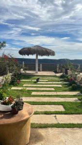 a patio with a large umbrella and some plants at Villa carnaúbas in Pedro II