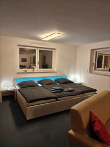 ein Schlafzimmer mit einem großen Bett und einer Couch in der Unterkunft Family Room Grüne Auszeit Dresden in Dresden