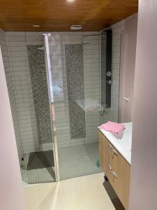 a bathroom with a shower with a glass door at Domaine du plô, Tarn in Trévien +28 photos