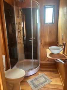 a bathroom with a shower and a toilet and a sink at La pinta roja in Punta Del Diablo +10 photos